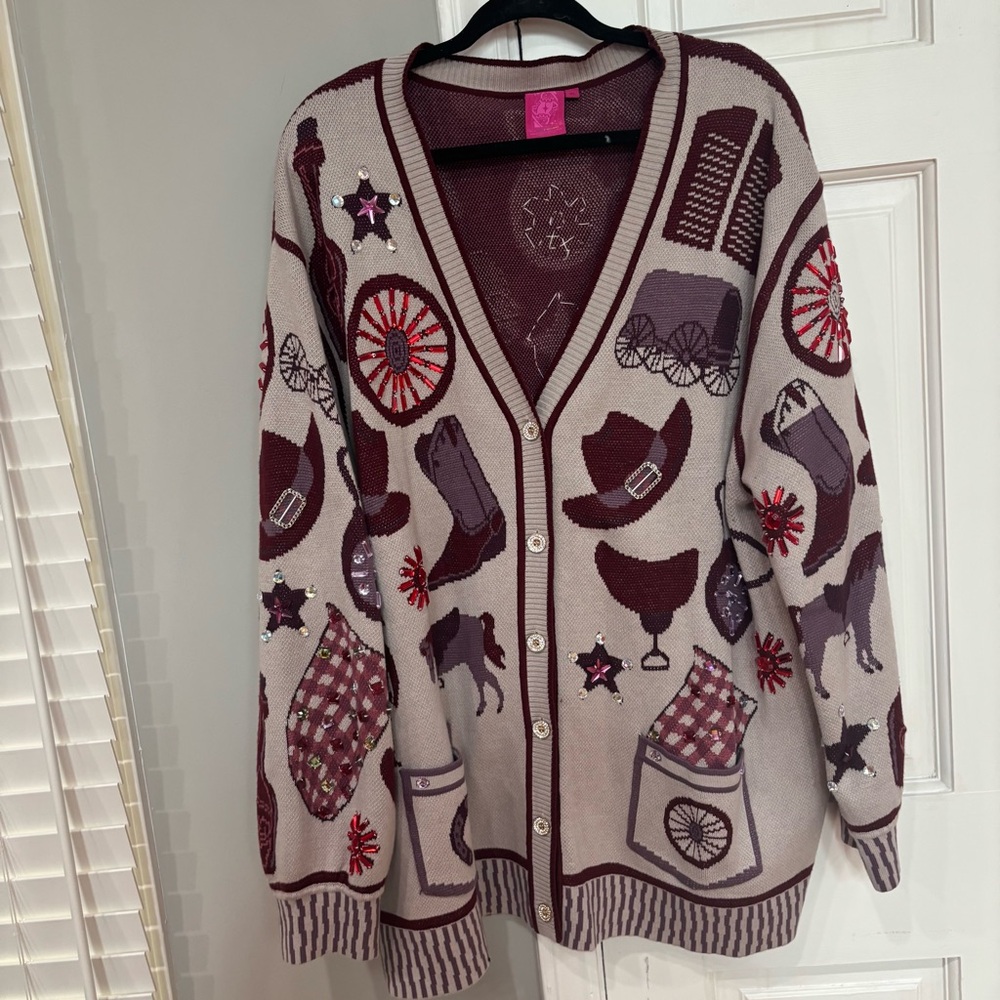 QOS NWOT Western Motif Button-Up Cardigan Sweater in Beige and Burgundy